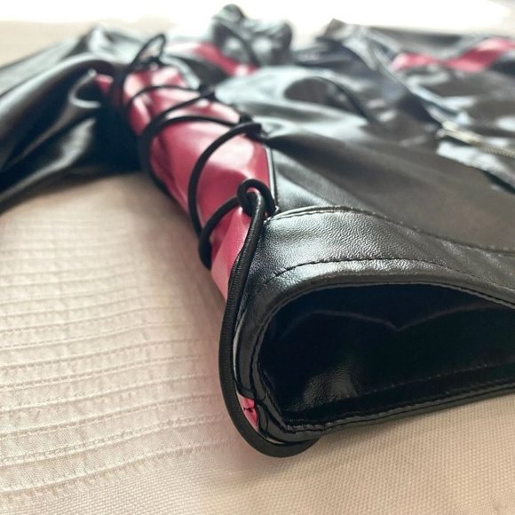 I AM GIA VIXON BLACK PINK FAUX LEATHER LACE UP CROPPED MOTO TOP JACKET - M - Picture 8 of 11